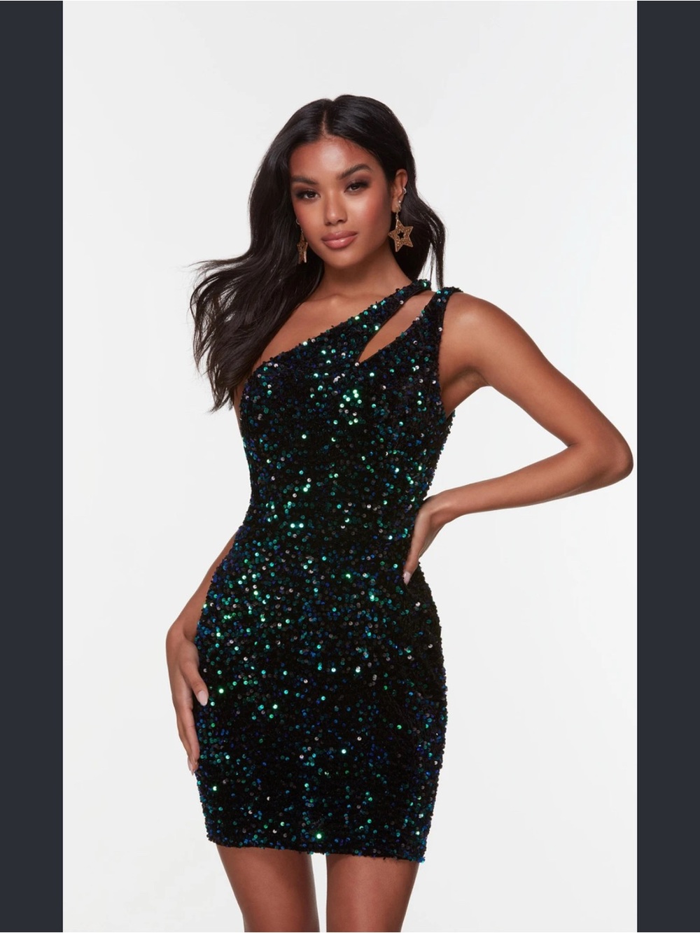 Alyce Paris Black Sequin Mini Dress with Green and Blue Iridescence
